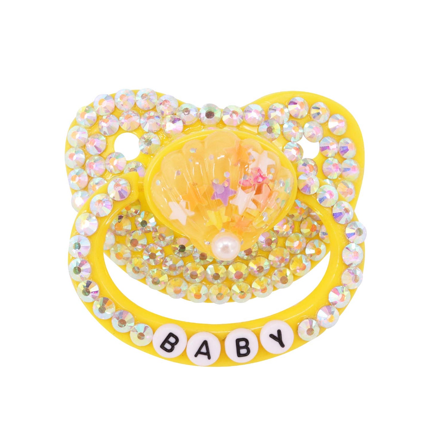 Adult Sized Pacifier Dummy for Babies Handmade Diamond Big Shield Pacifier (Yellow Seashell)
