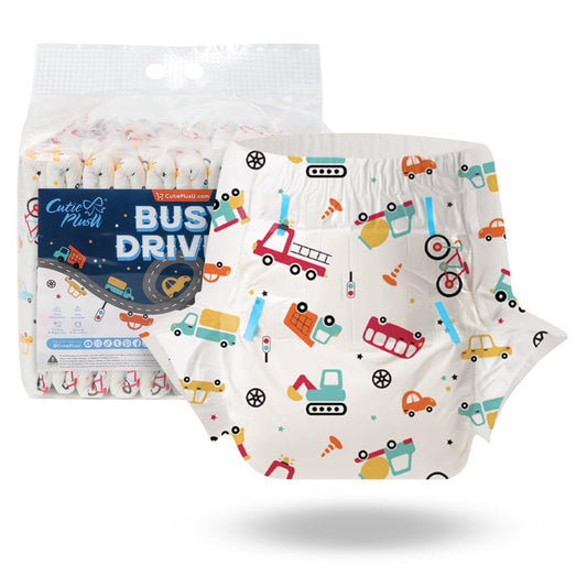 CutiePlusU Adult Diapers 10 Pieces Disposable Incontinence Briefs with Tabs for Women and Men Maximum Overnight Absorbency- Busy Driver (Large 37"-47")