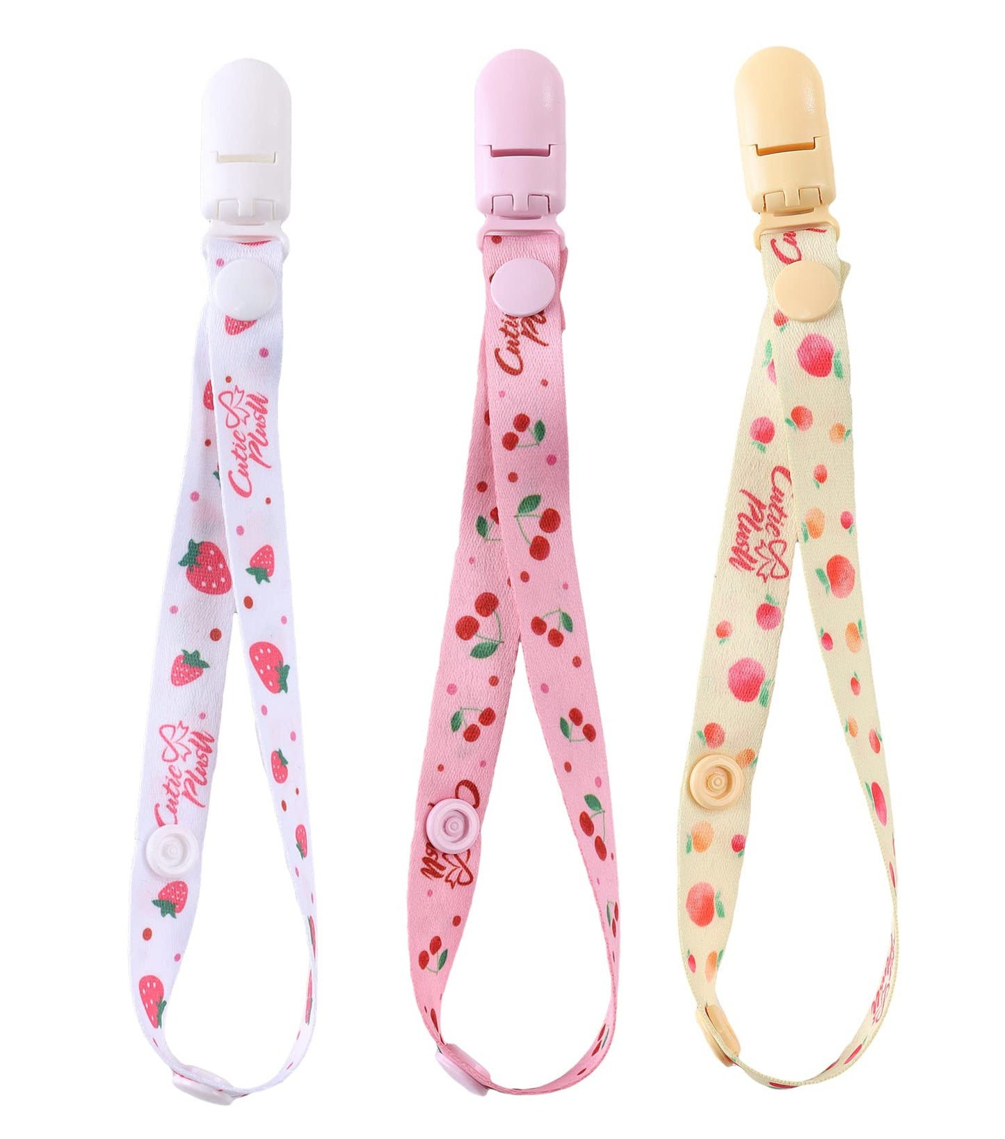 CutiePlusU Adult Size Pacifier Clips 3 Pack-Strawberries Cherries and Peaches