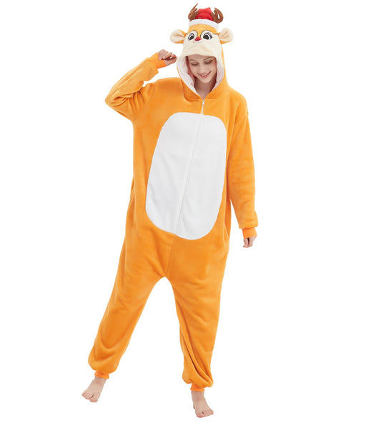 ANBOTA Adult Christmas Costumes Deer Animal Reindeer Onesie - One Piece Pajamas for Women Men Jumpsuit Halloween Holiday Outfit Sleepwear (X-Large Deer)