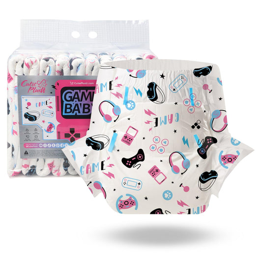 CutiePlusU Adult Diapers 10 Pieces Disposable Incontinence Briefs with Tabs for Women and Men Maximum Overnight Absorbency- Game Paradise (Medium 28"-38")